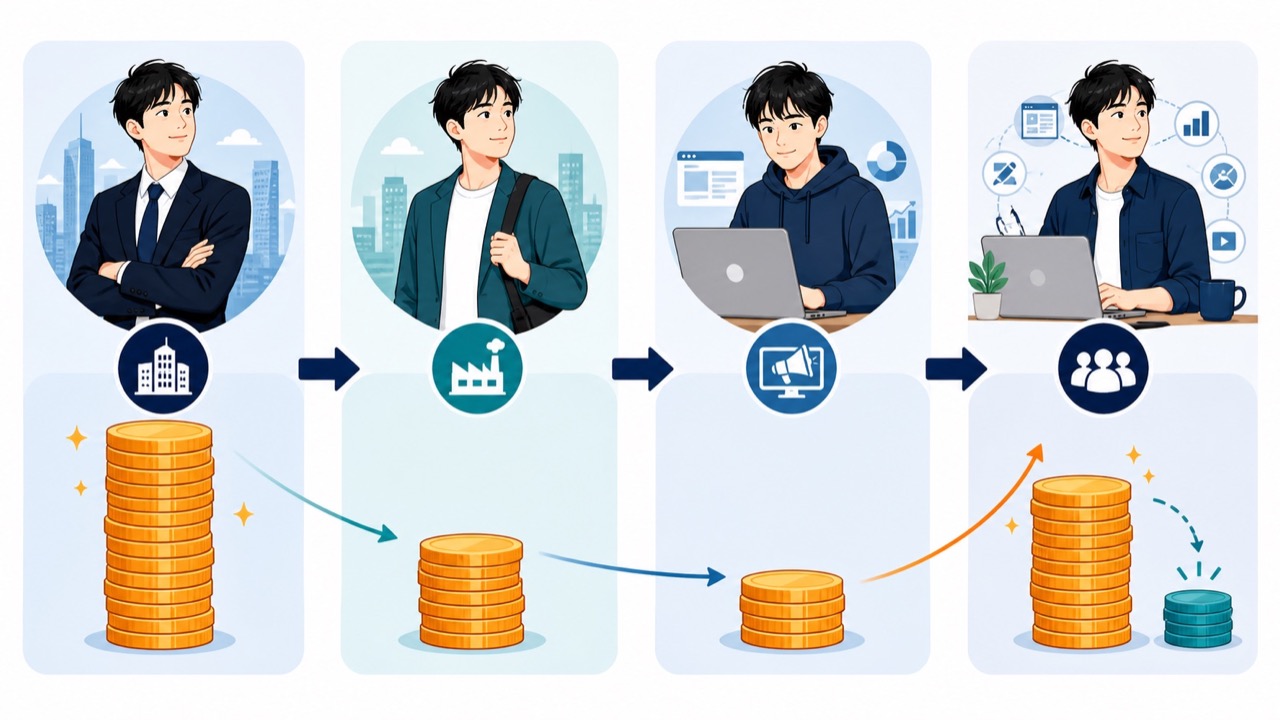 4つの職歴で年収が下がり、その後回復した流れを示す図