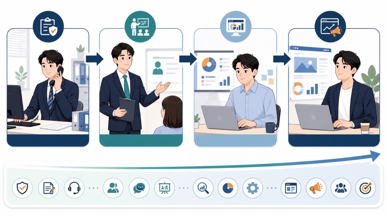損害保険、人事研修、広告運用、事業会社Webマーケティングの4職種をつないだキャリア