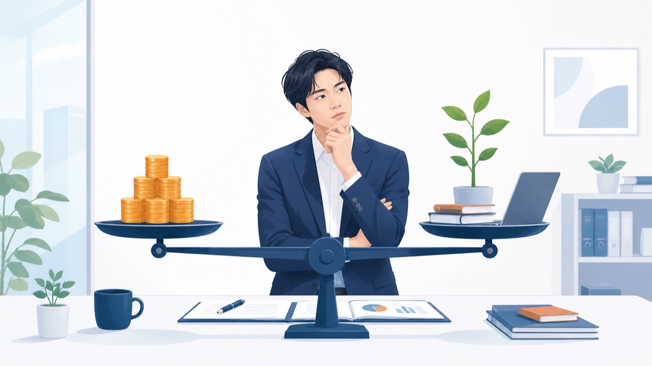 短期的な年収と長期的なスキル成長を天秤で比較する30代男性