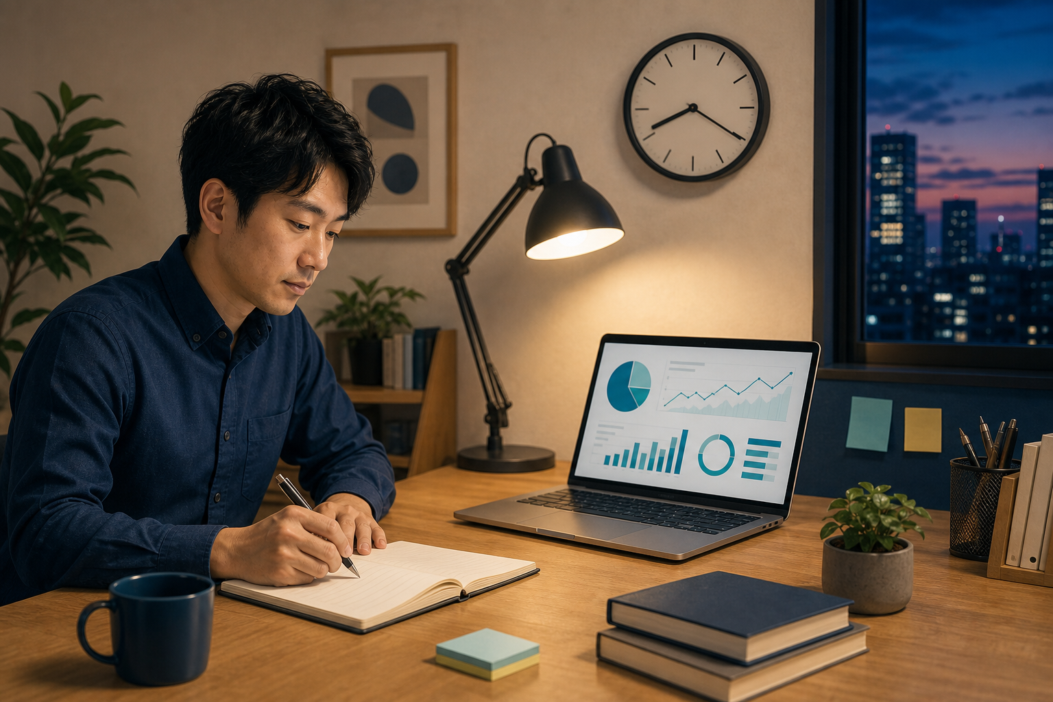 仕事後にWebマーケティングを学ぶ30代男性