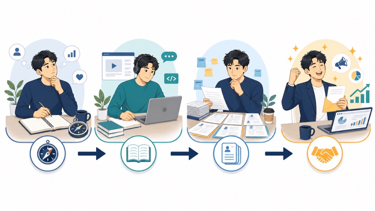 自己分析、スクール学習、求人応募、内定までの4段階を示す転職ロードマップ