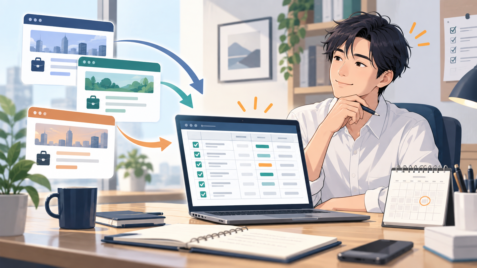 複数の転職サイトの応募状況を一元管理する30代男性のイメージ